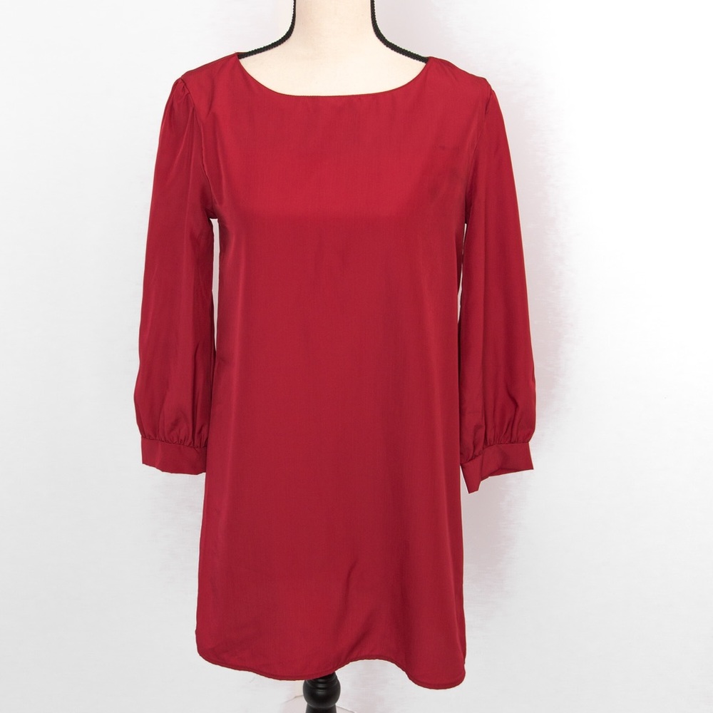 Dark red lightweight sheer shift dress with 3/4 sleeves minimalist Cocolove S